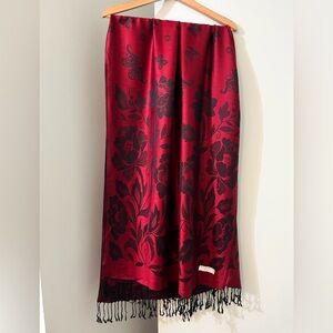 100% PASHMINA wool dark red and black floral wrap or scarf